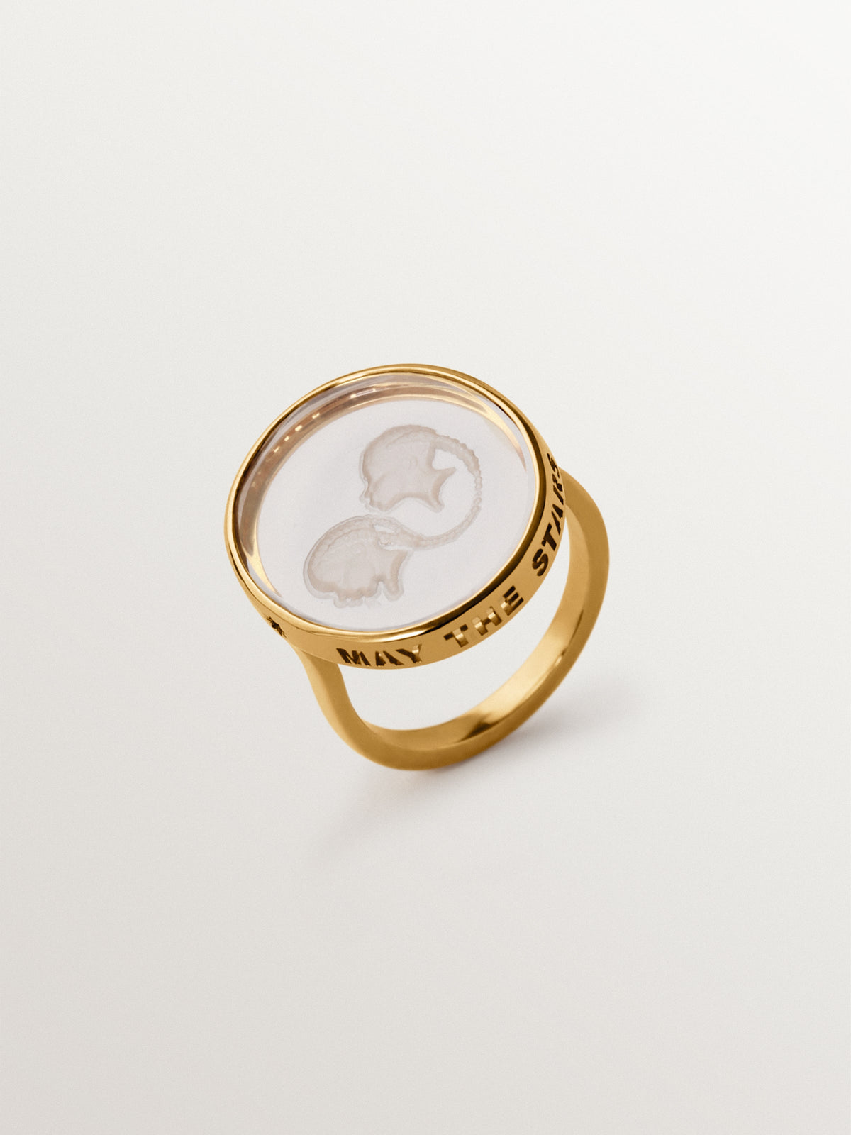 Gemini signet ring in 925 silver plated in 18K yellow gold and rock crystal