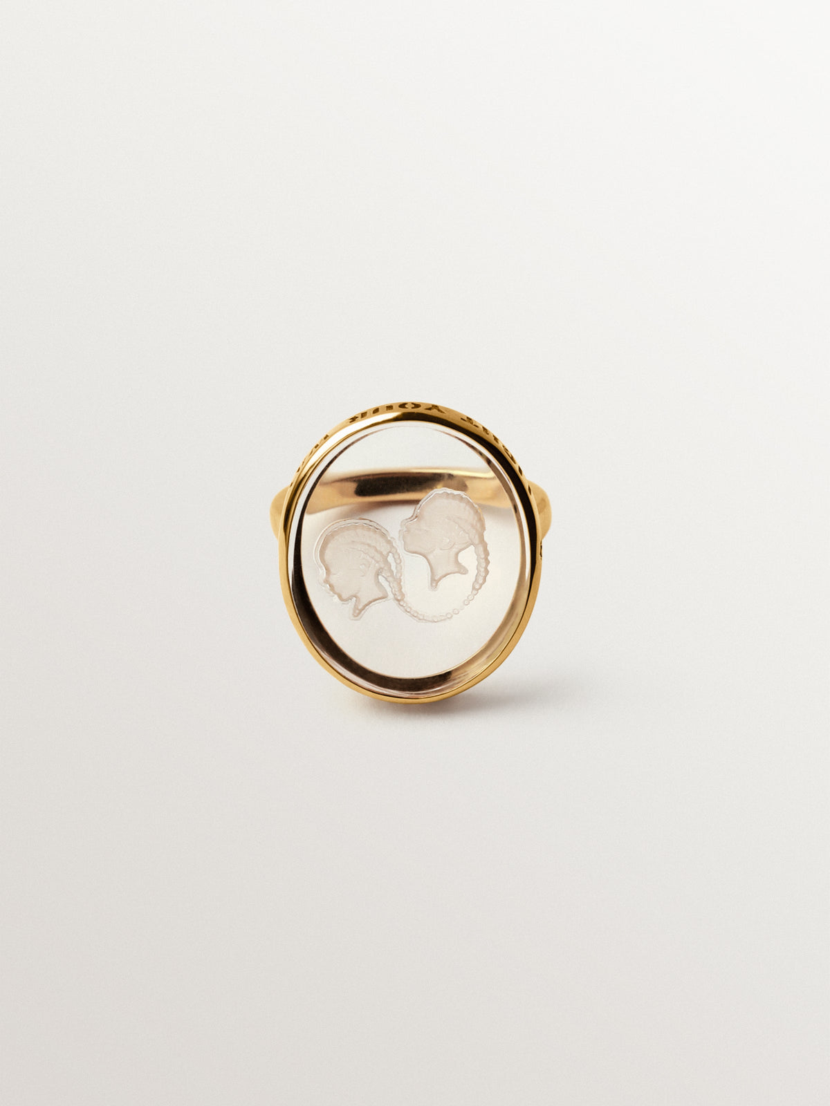 Gemini signet ring in 925 silver plated in 18K yellow gold and rock crystal
