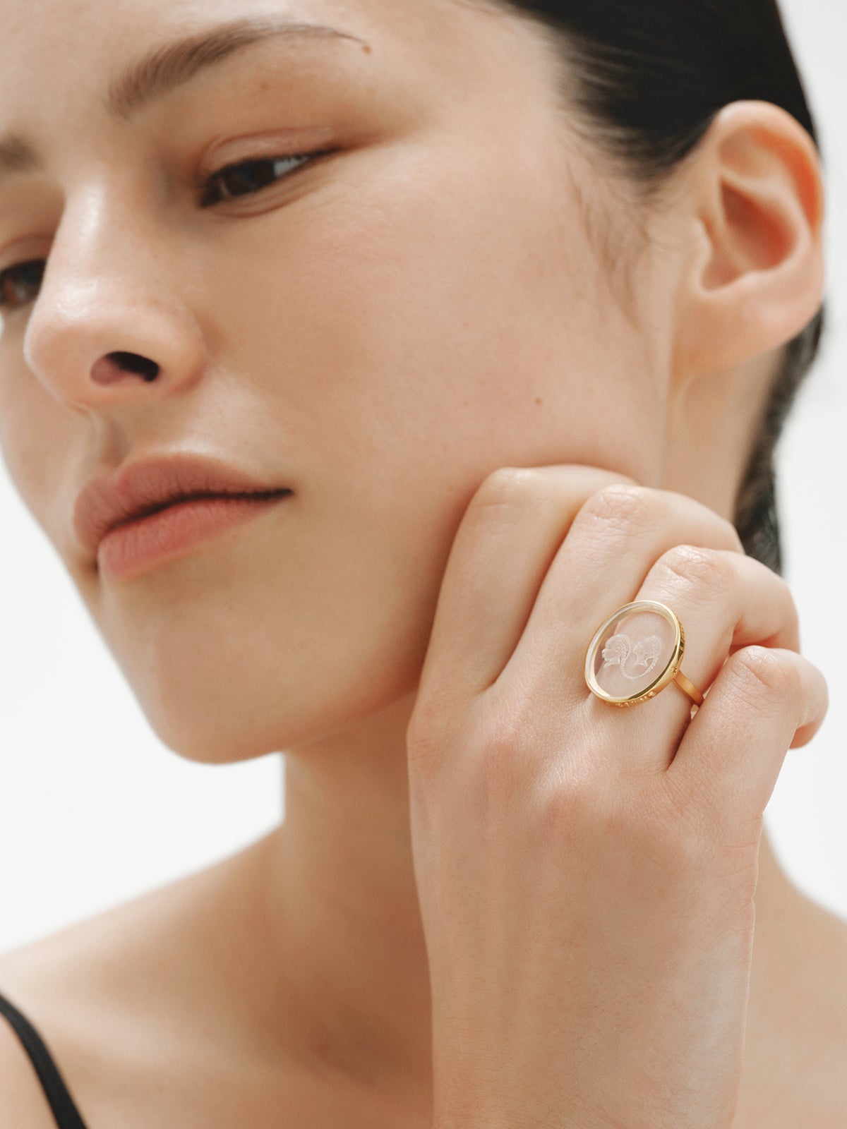 Gemini signet ring in 925 silver plated in 18K yellow gold and rock crystal