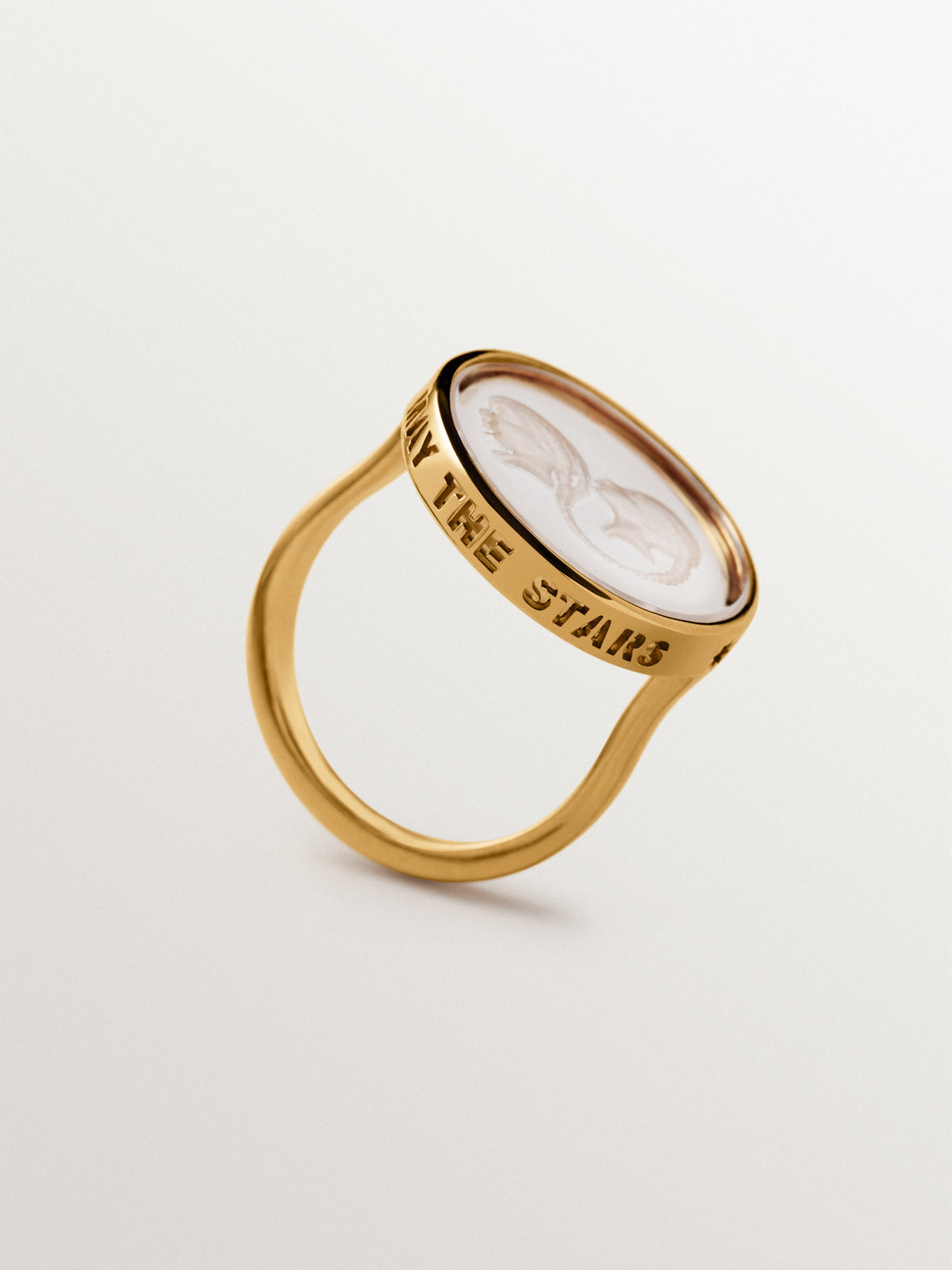 Gemini signet ring in 925 silver plated in 18K yellow gold and rock crystal