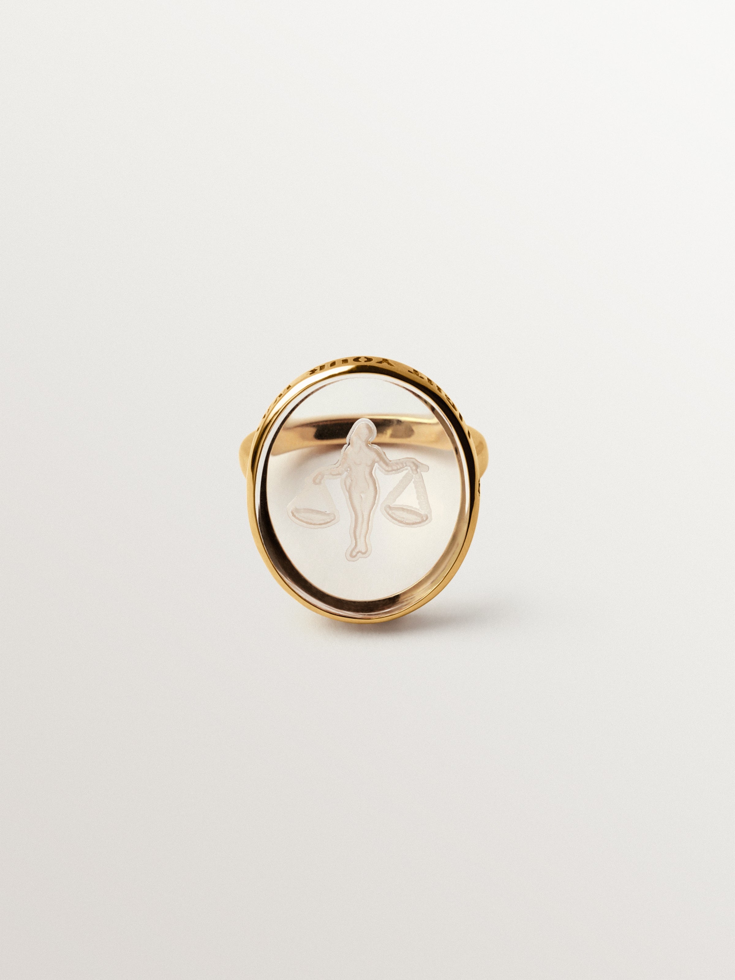 Signet ring Libra in 925 silver plated in 18K yellow gold and rock crystal