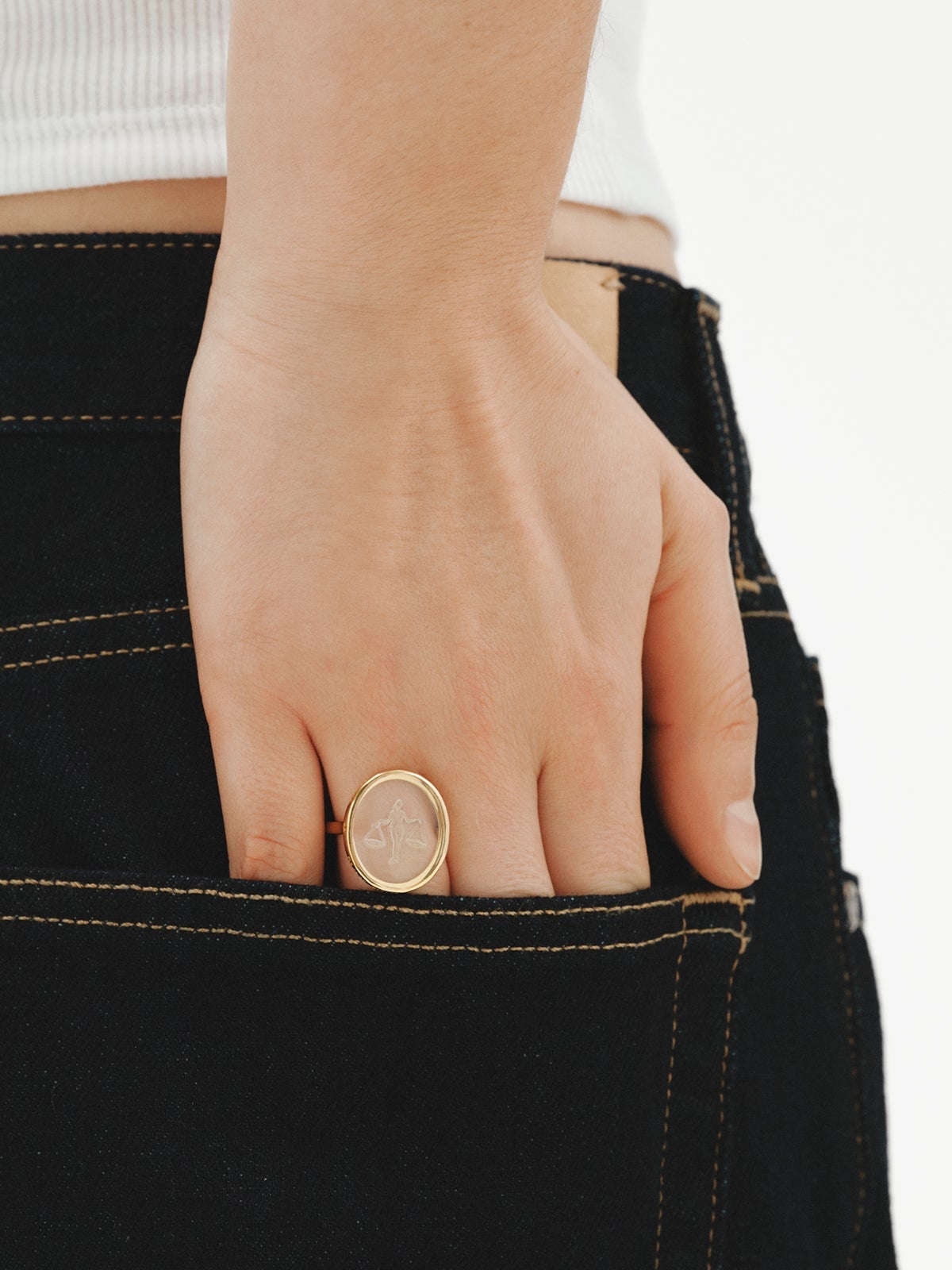 Signet ring Libra in 925 silver plated in 18K yellow gold and rock crystal