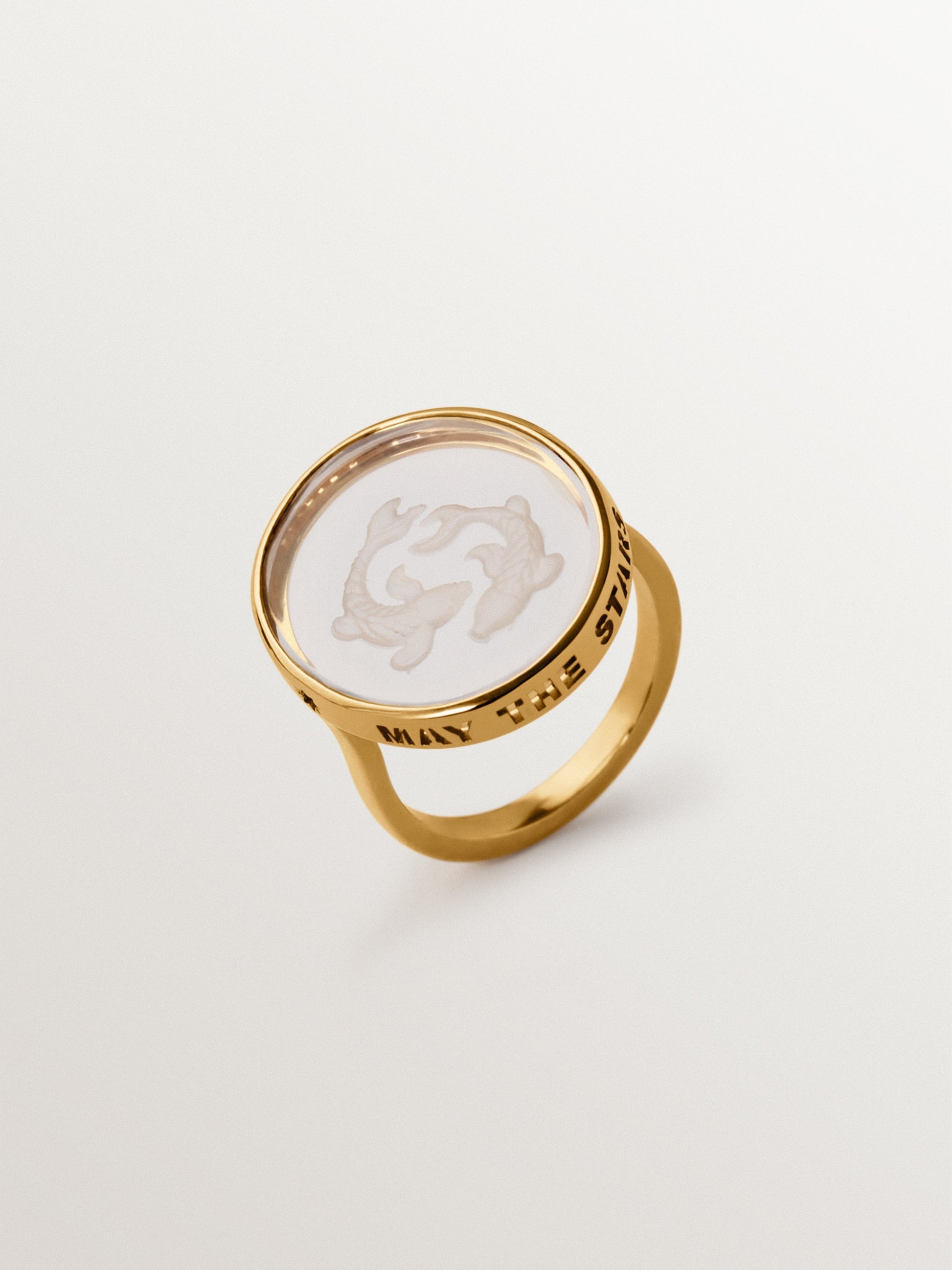 Pisces Seal Ring in 925 Silver Plated in 18K Yellow Gold and Rock Crystal