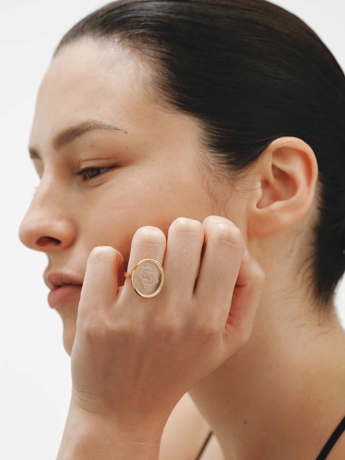 Pisces Seal Ring in 925 Silver Plated in 18K Yellow Gold and Rock Crystal