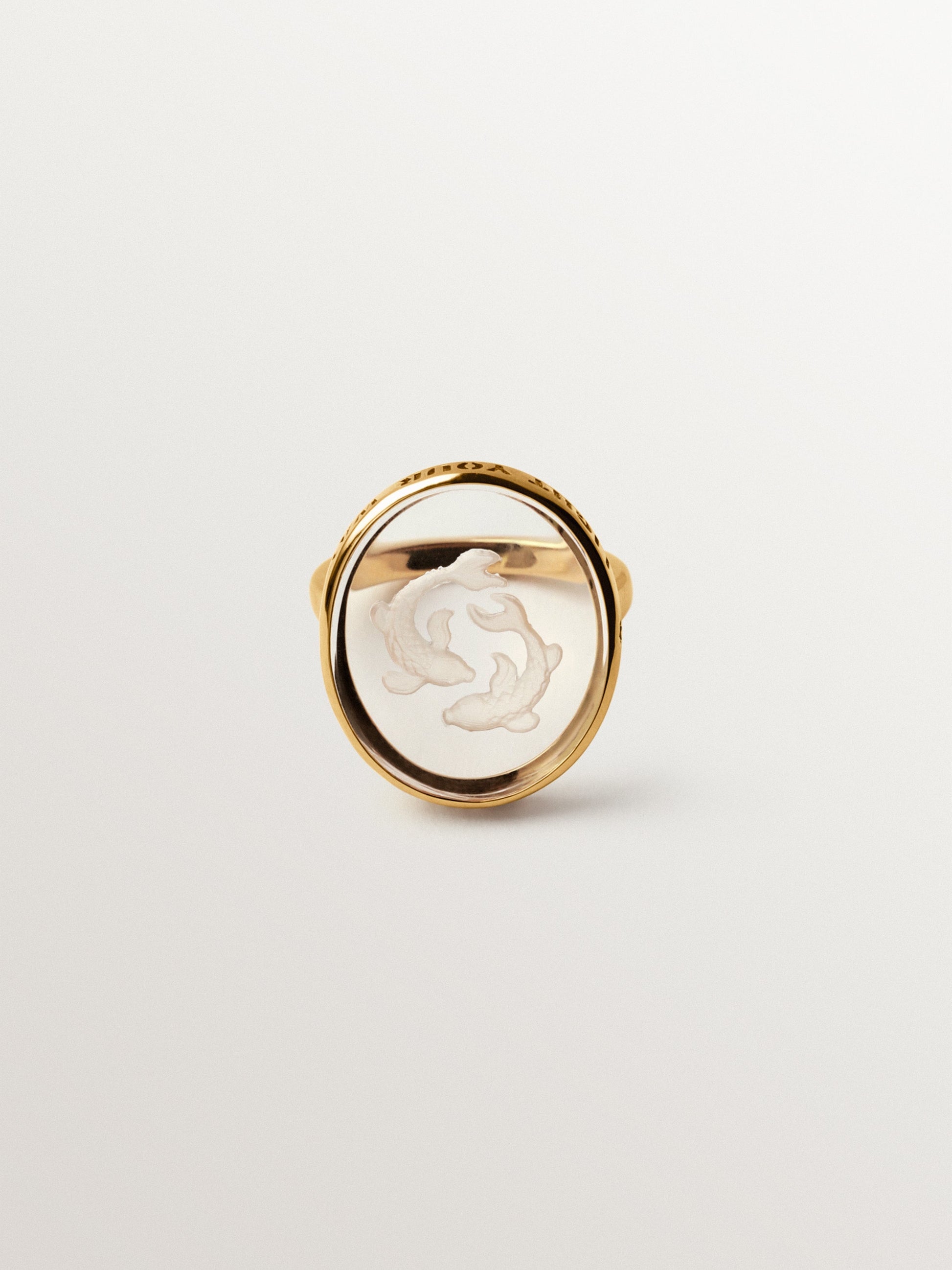 Pisces Seal Ring in 925 Silver Plated in 18K Yellow Gold and Rock Crystal