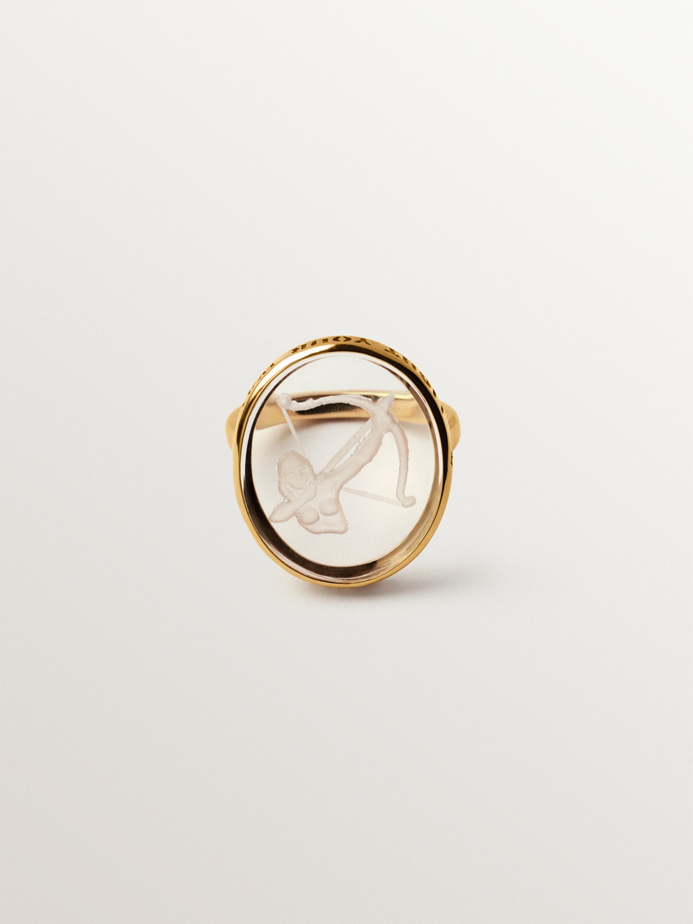 Sagittarius signet ring in 925 silver plated in 18K yellow gold and rock crystal