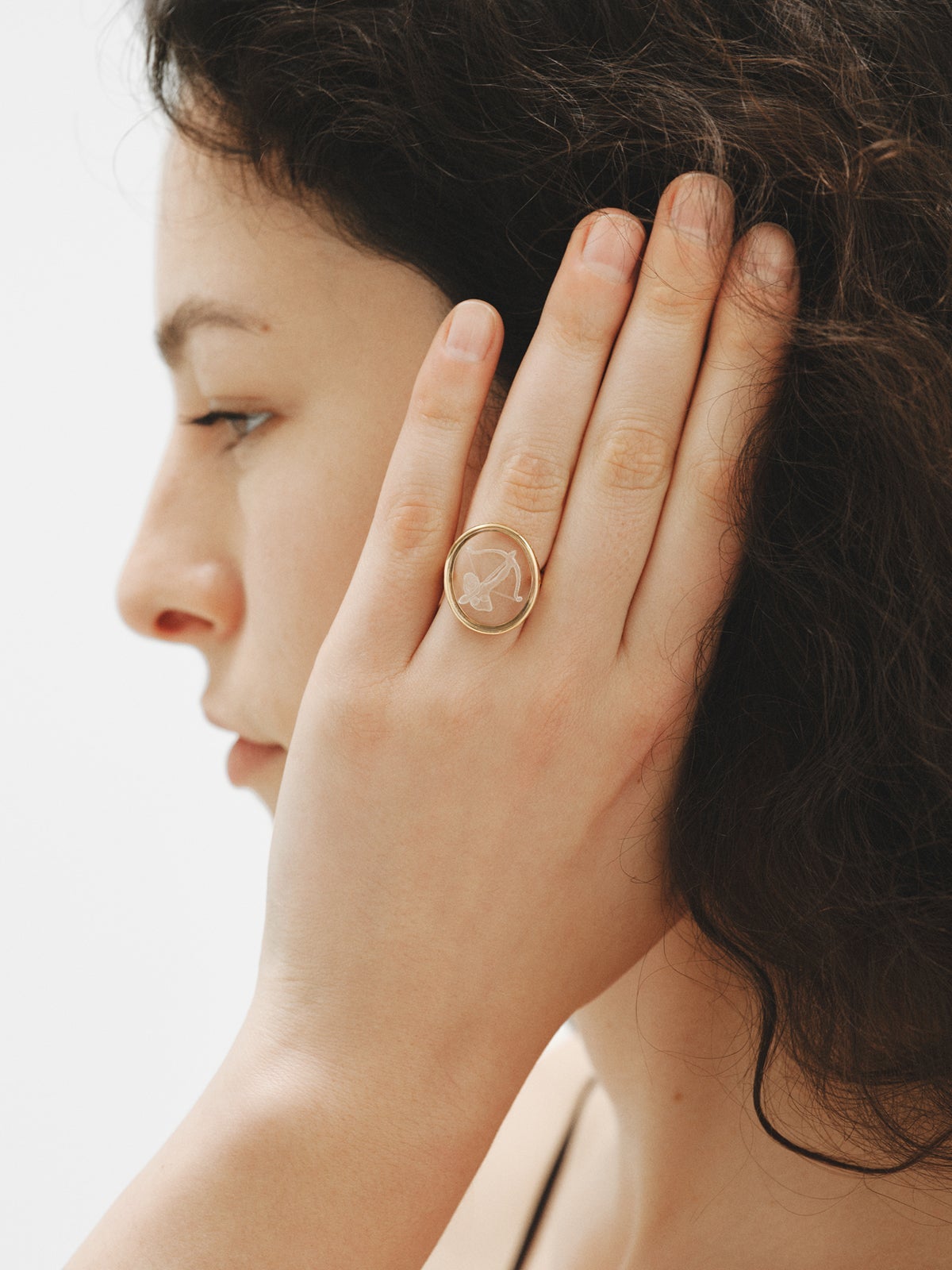 Sagittarius signet ring in 925 silver plated in 18K yellow gold and rock crystal