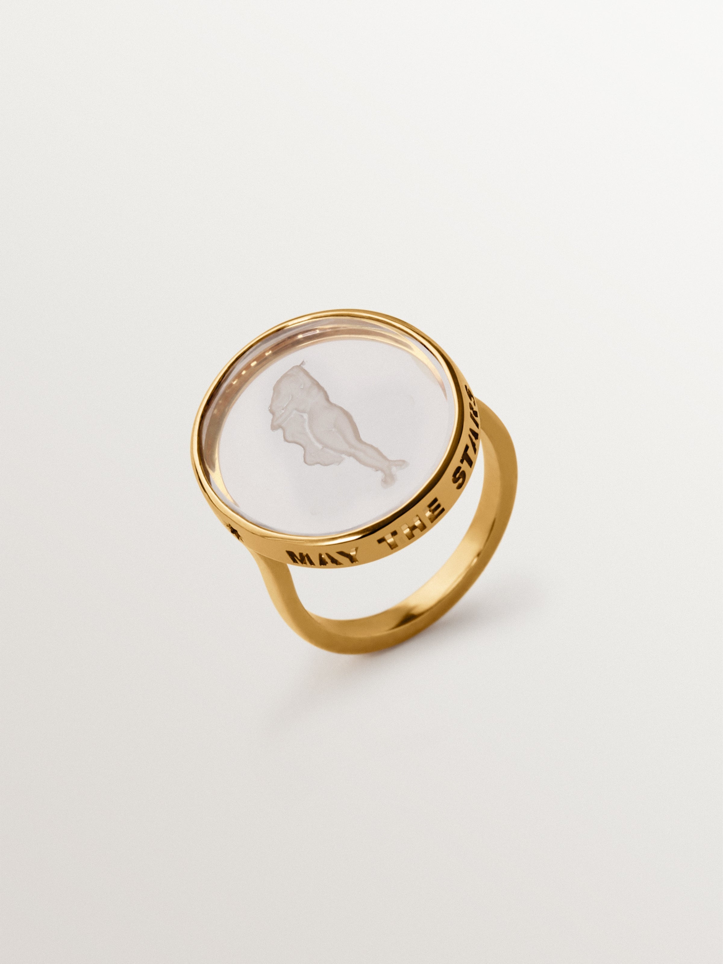 Virgo signet ring in 925 silver plated in 18K yellow gold and rock crystal