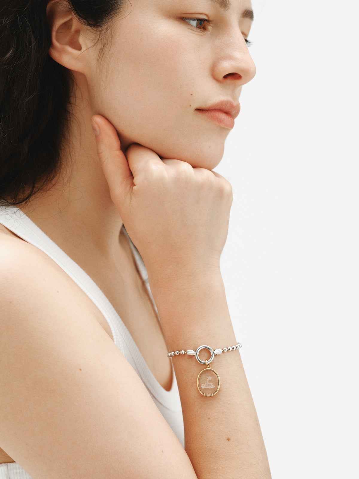 Aquarium Charm in 925 silver plated in 18K yellow gold and rock crystal