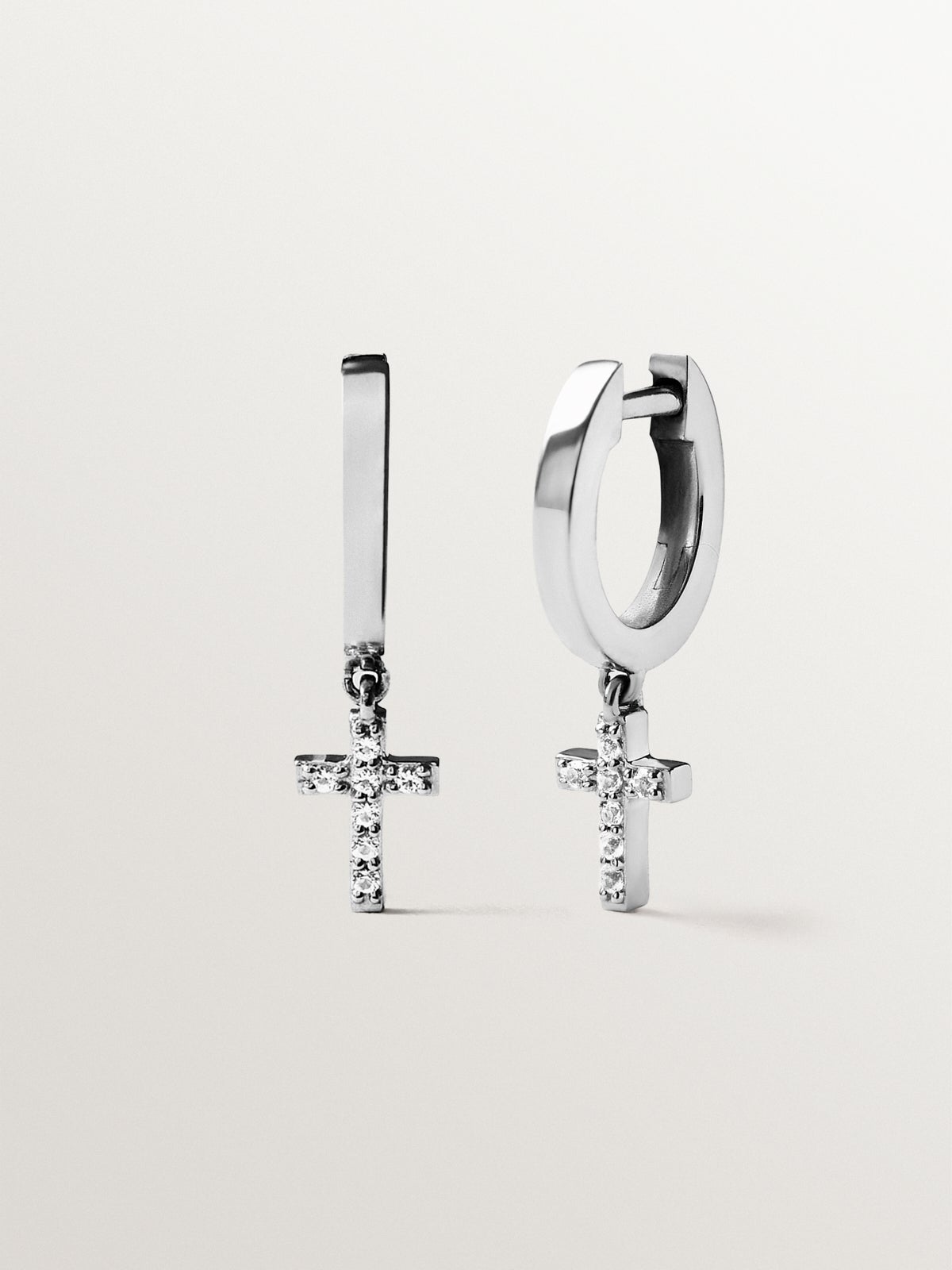 925 silver hoop earrings with white topaz and cross shape