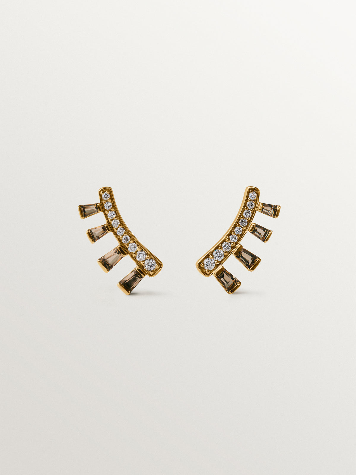 9K yellow gold climber earrings with diamonds and brown quartz