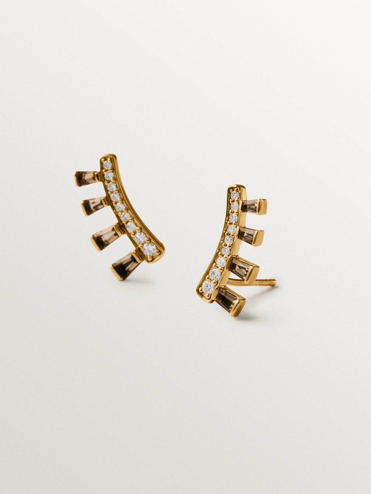 9K yellow gold climber earrings with diamonds and brown quartz