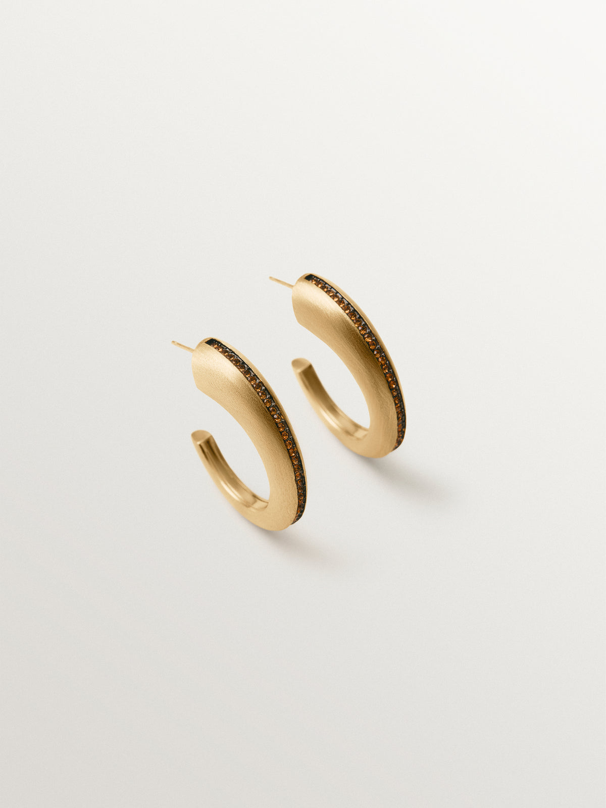 18K yellow gold-plated 925 sterling silver hoop earrings with brushed finish and brown quartz
