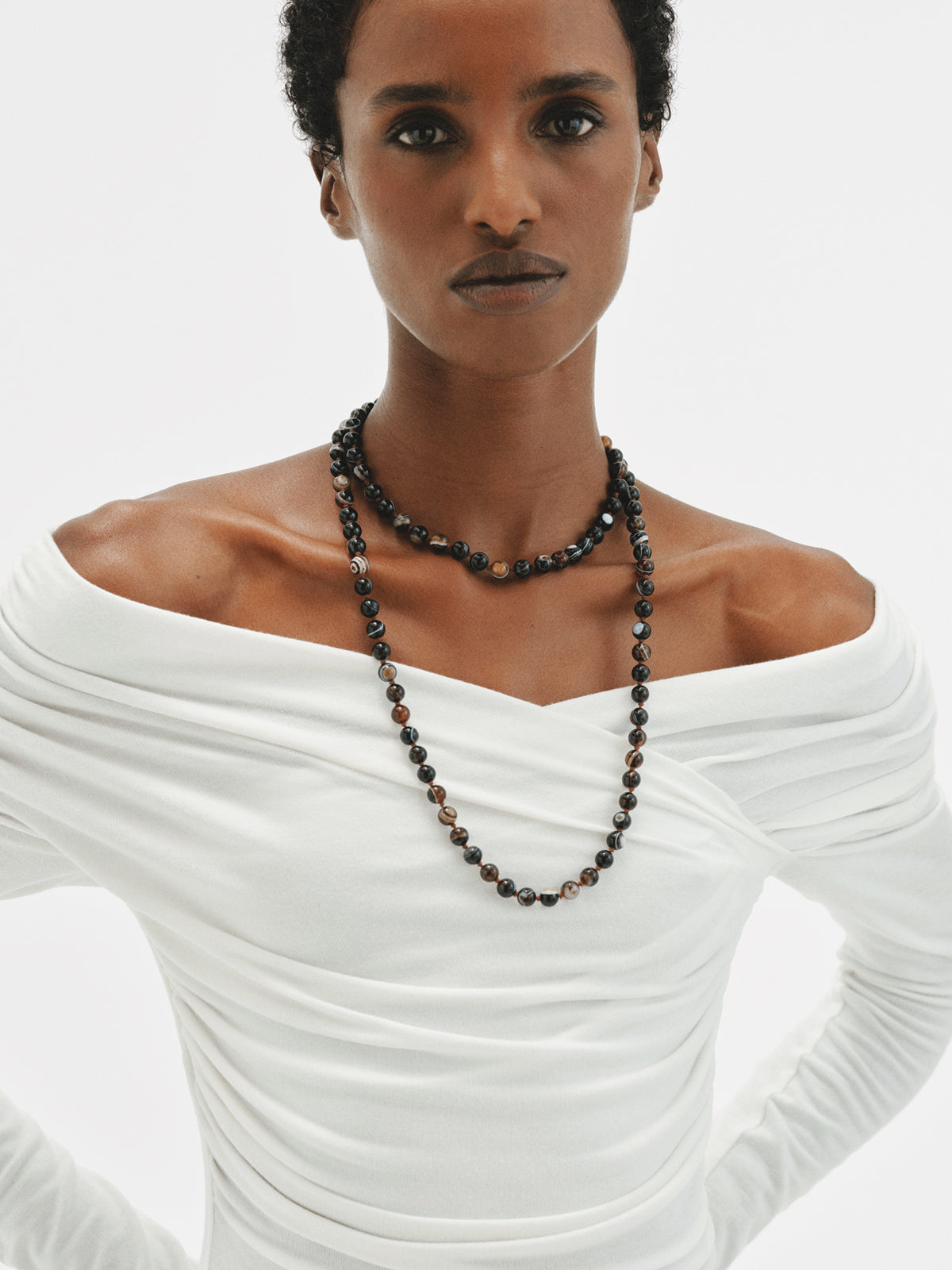 18K yellow gold-plated sterling silver necklace with black agate beads