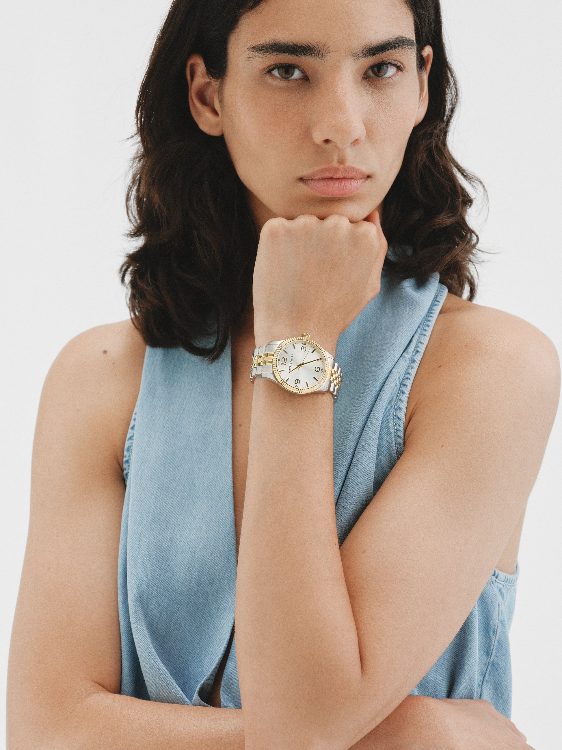 St. Barth Armis watch with two-tone gray and yellow steel strap and grayish dial