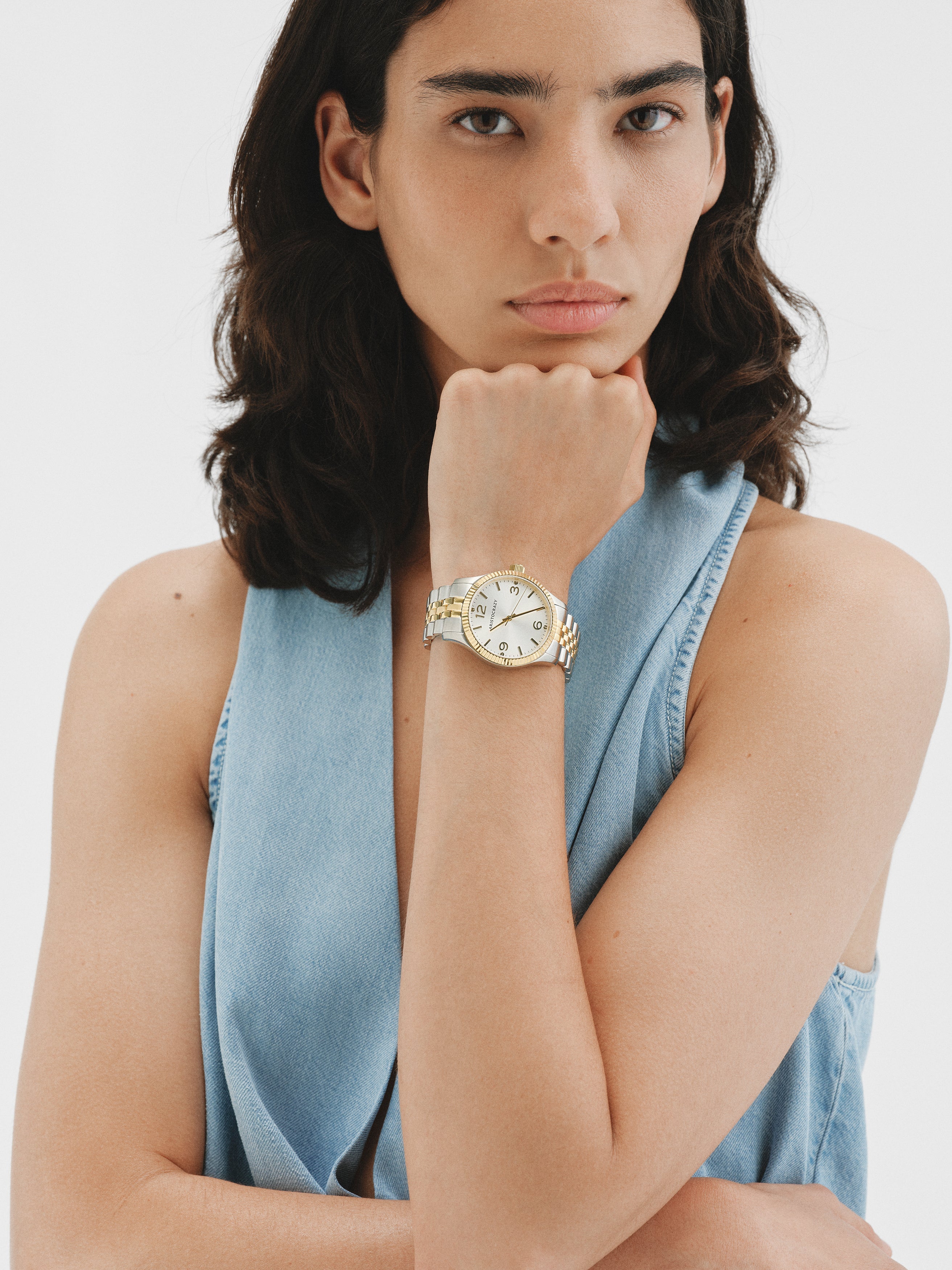 St. Barth Armis watch with two-tone gray and yellow steel strap and grayish dial
