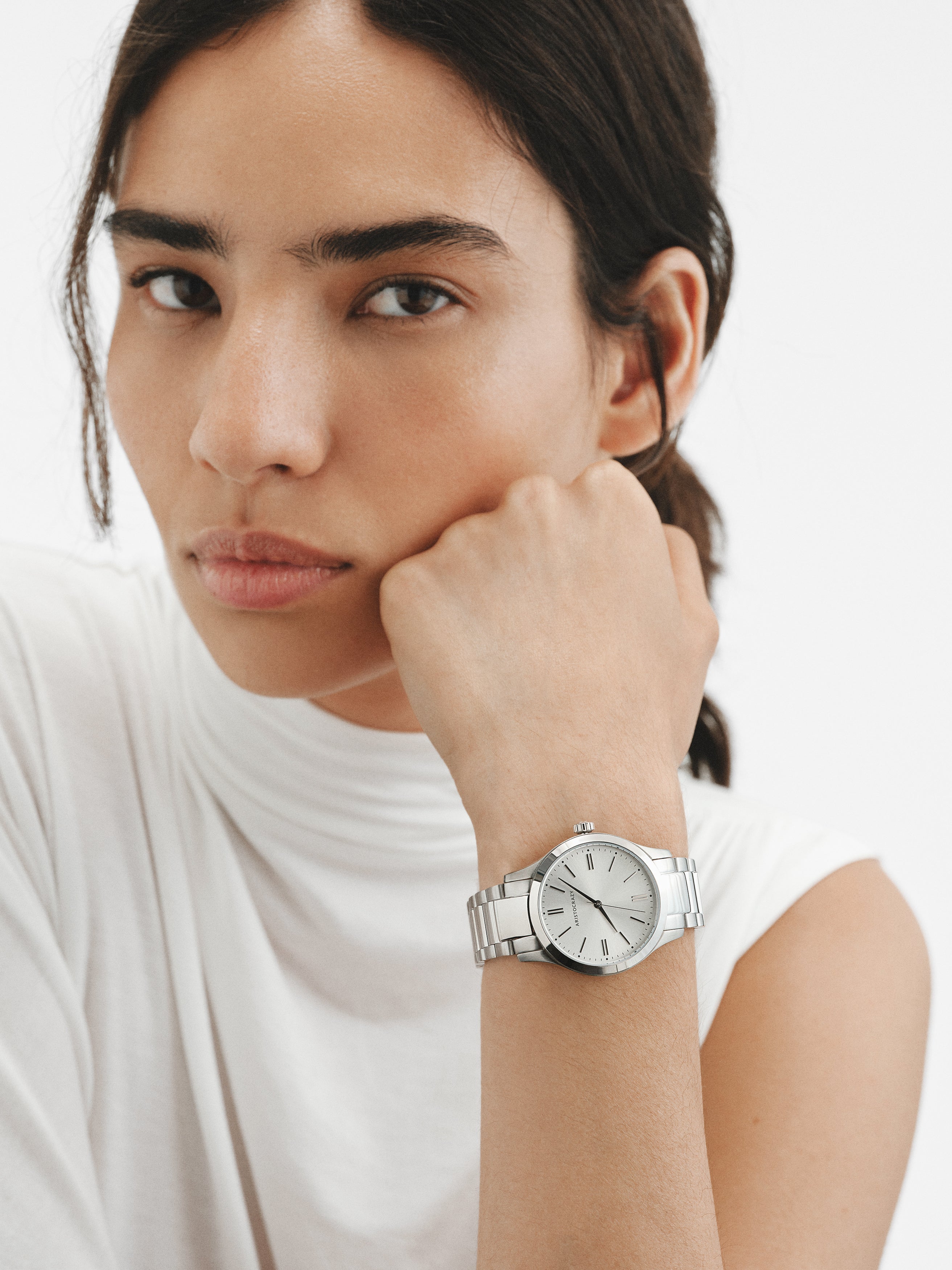 Mitte watch with grey steel strap and white dial