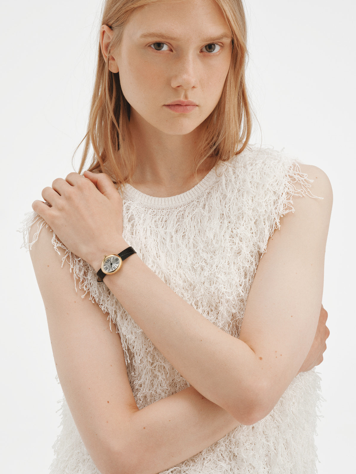 Montre en acier Salesas avec cadran blanc et bracelet en cuir marron