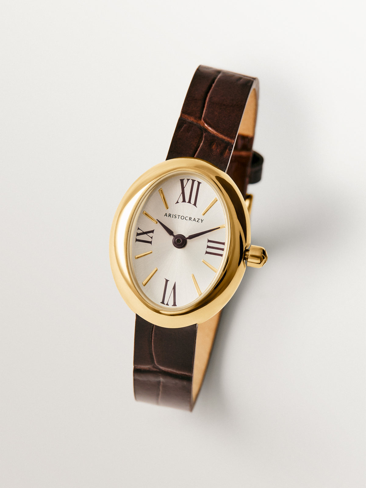 Salesas steel watch with white dial and brown leather strap