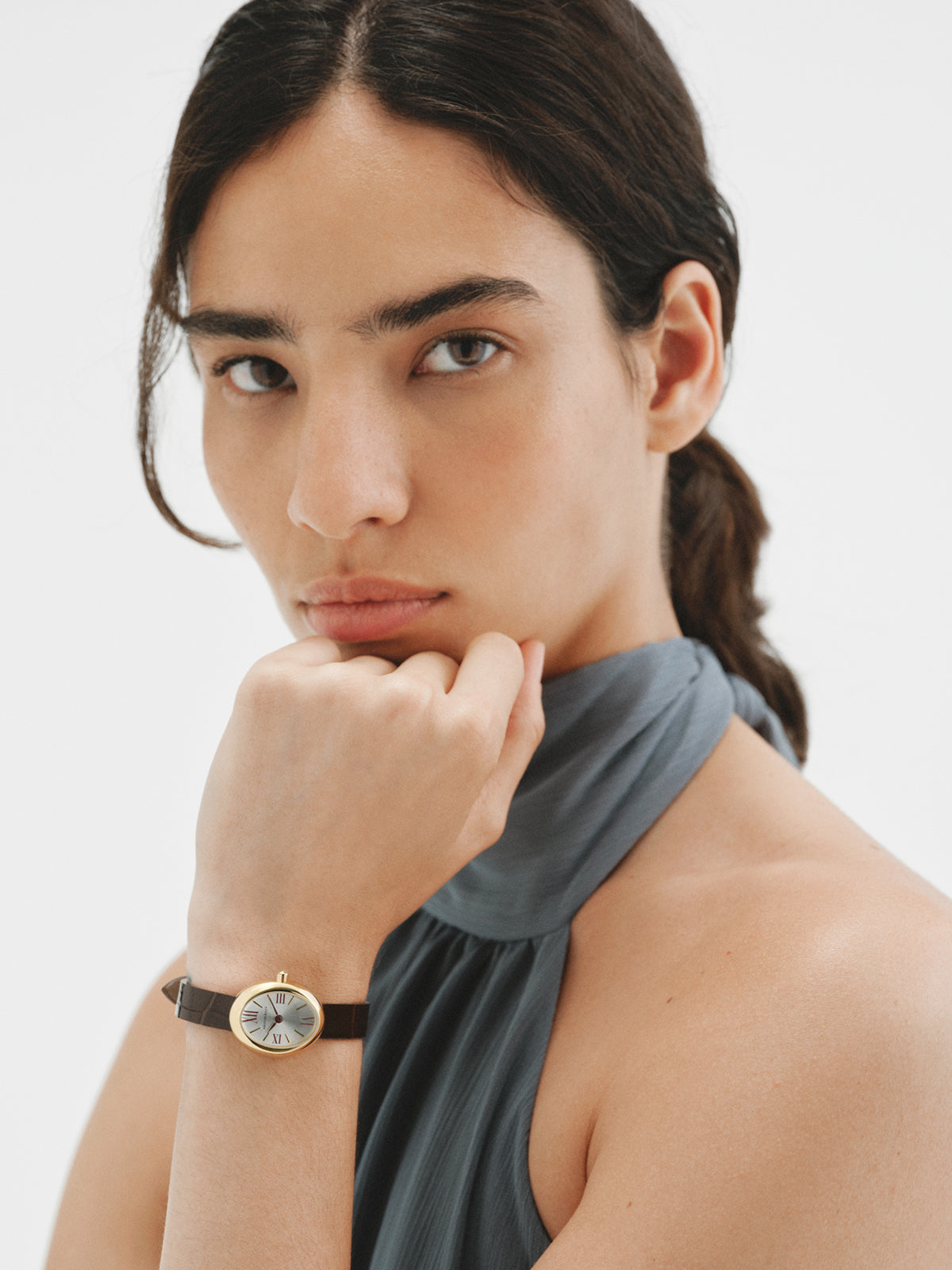 Salesas steel watch with white dial and brown leather strap