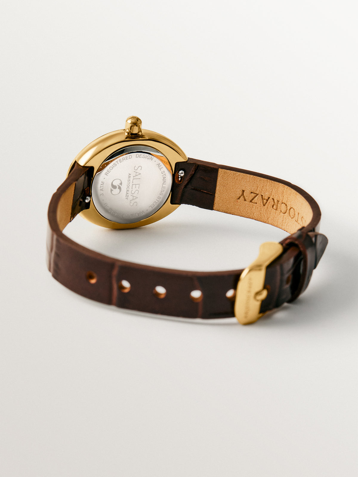Salesas steel watch with white dial and brown leather strap
